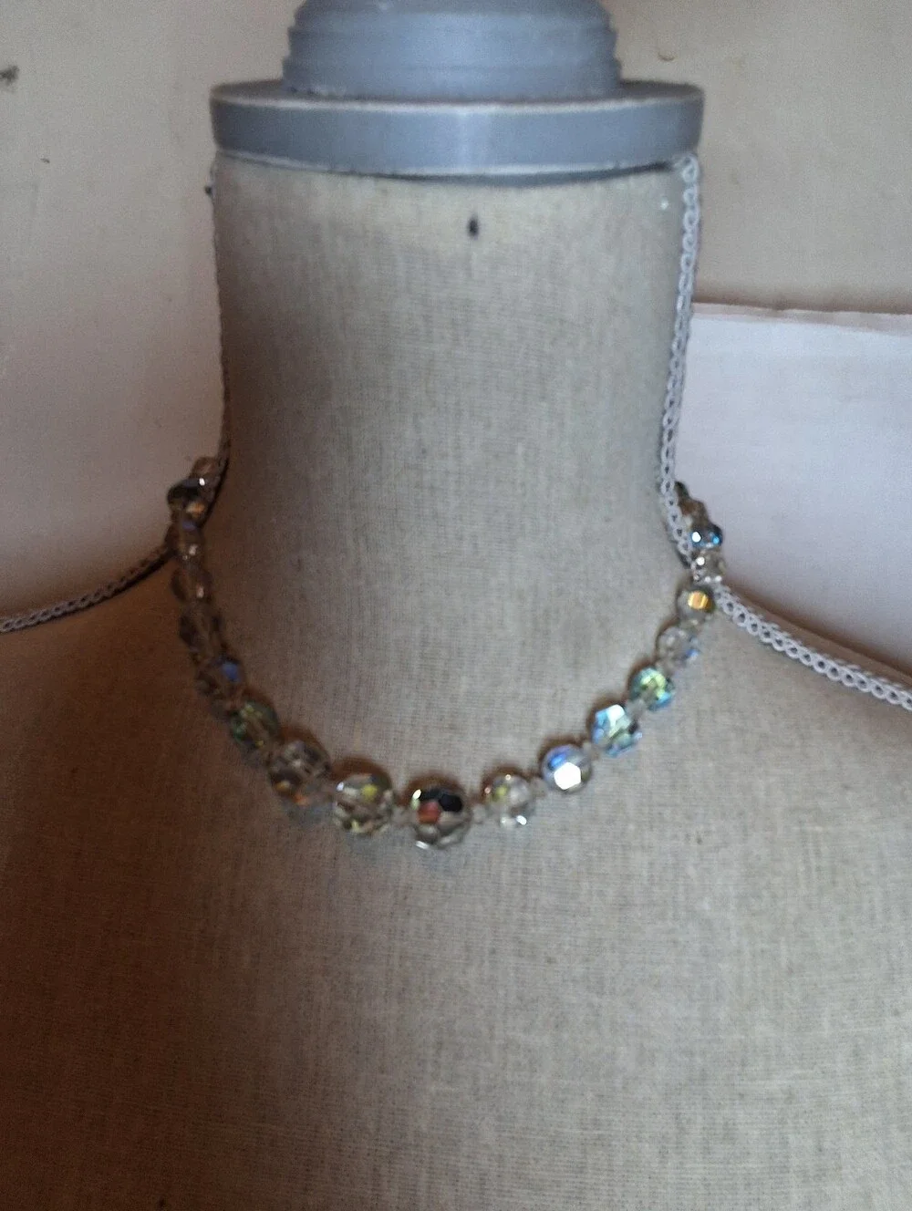 Vintage Iridescent Aurora Borealis Crystal Bead Necklace Retro Glam Choker